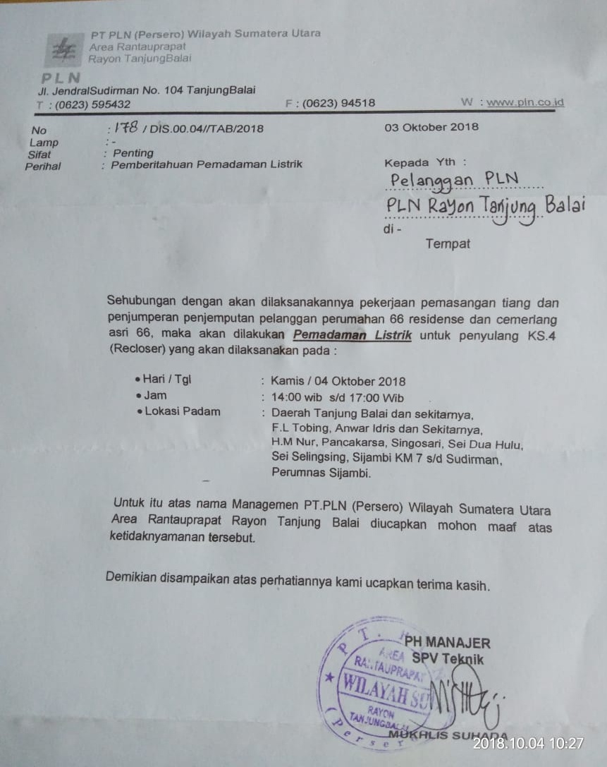 Pemberitahuan Pemadaman listrik